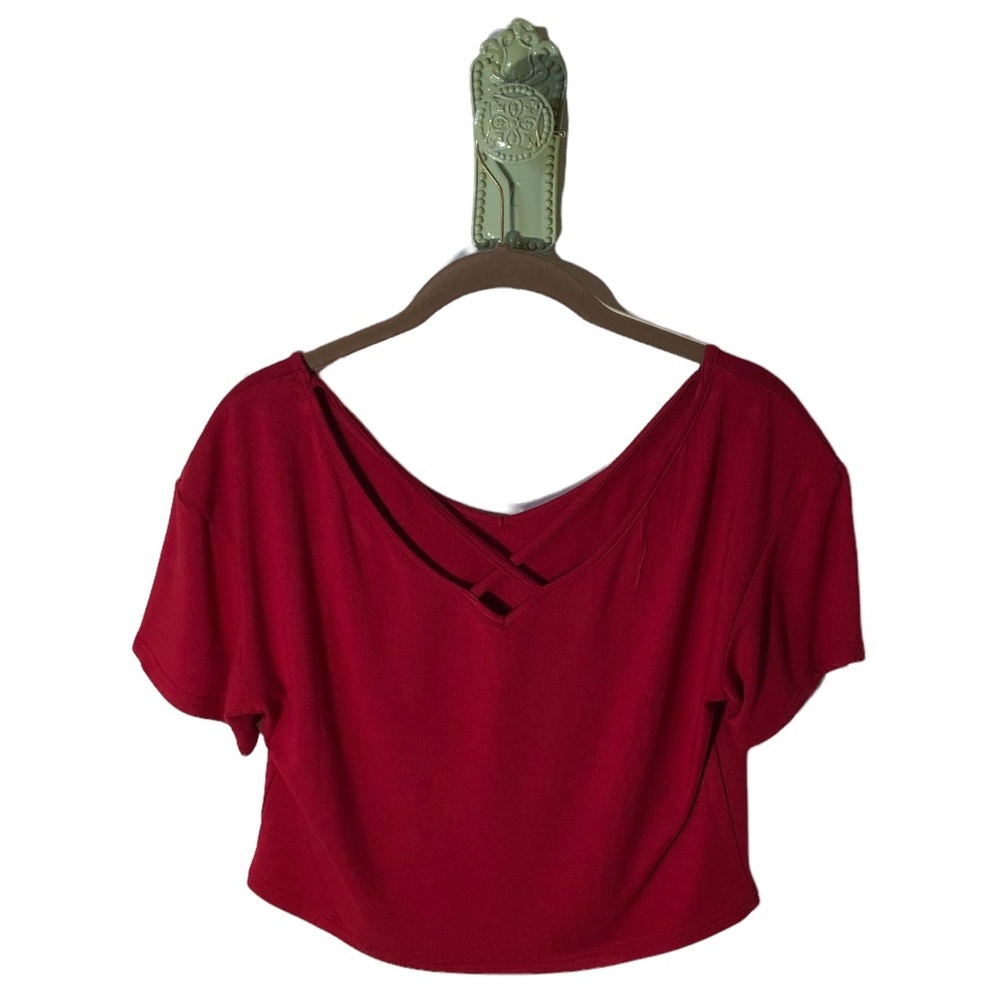 𝅺Cross Back Boxy Loose Fit Crop Low Neck Tee Red NEW